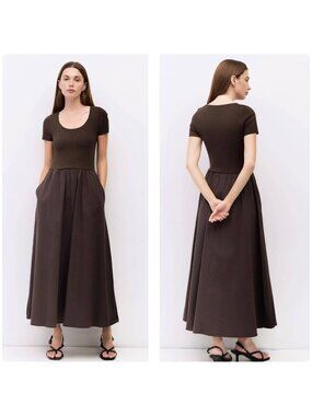 Mod Ref Lynette Scoop Neck Maxi Dress Small Chocolate Brown Knit Top Flowy Skirt
